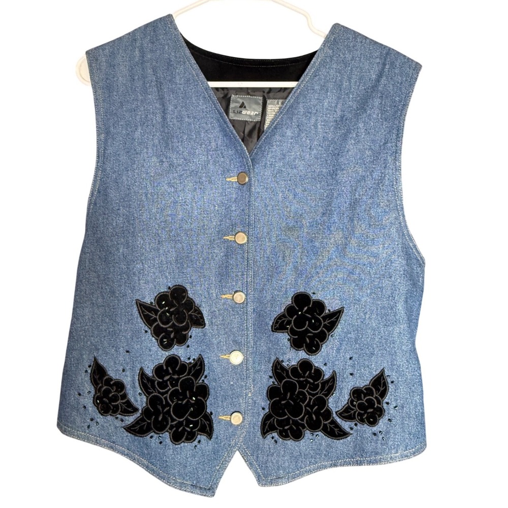 Lizwear Vintage 90s Denim Vest Black Velvet Floral Applique Beaded Blue Large